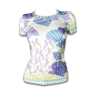 VERSACE | Pastel Seascape Knit T-shirt | Studded Crewneck Collar |  Size S